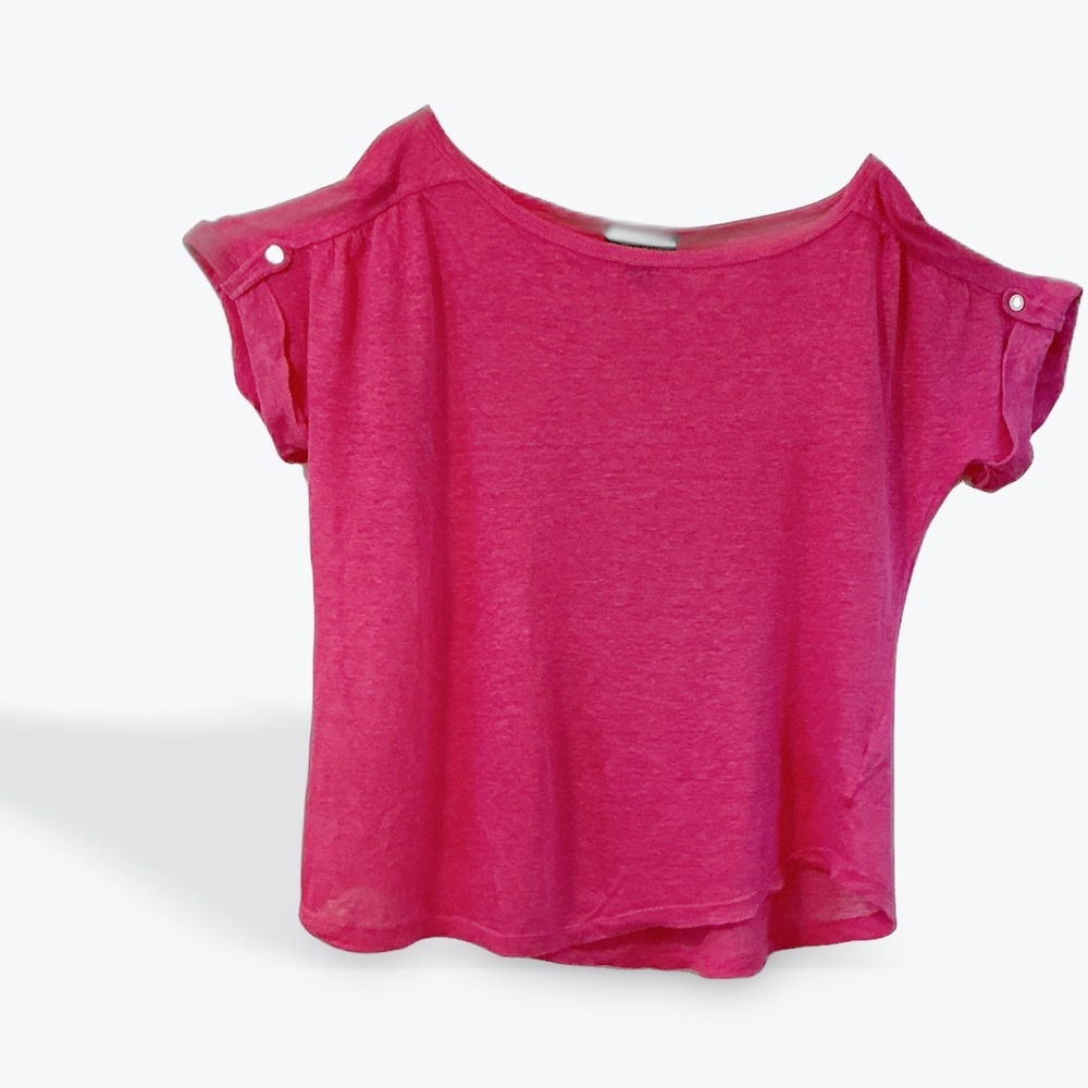 Lauren Ralph Lauren Hot‎ Pink 100% Linen Knit Roll Tab Sleeve Top XL
